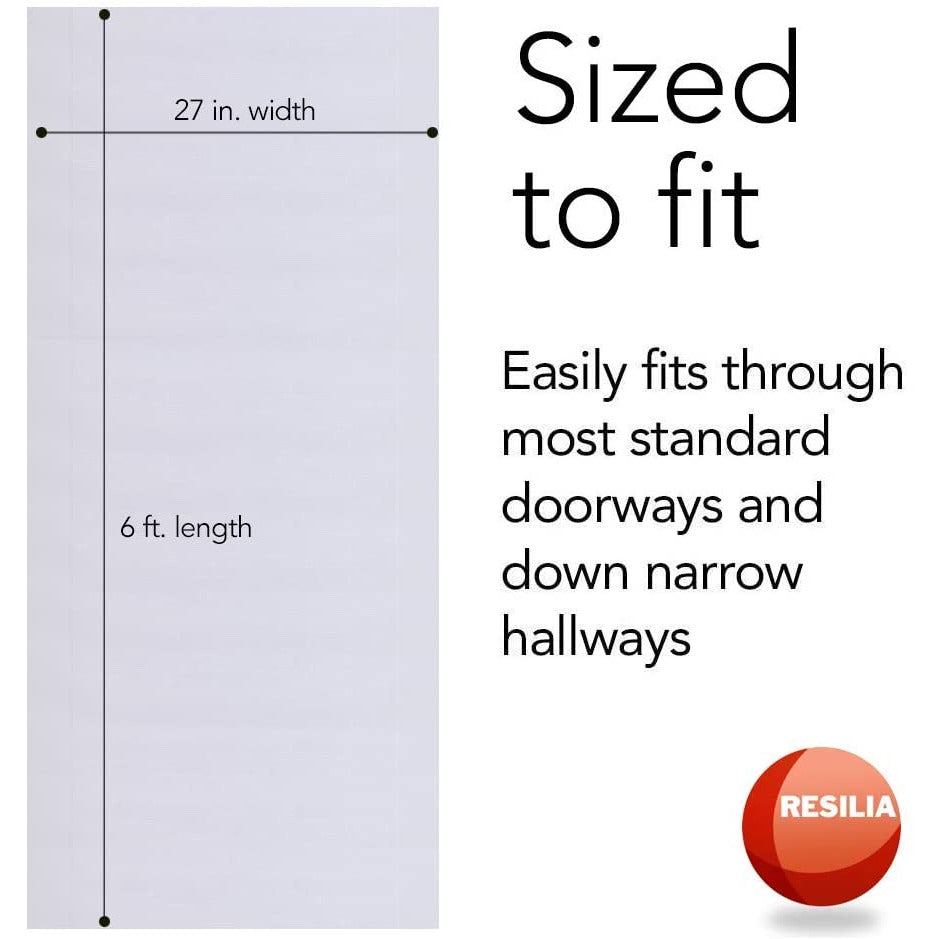 Floor runner is sized to fit and easily fits through most standard doorways and down narrow hallways. 27 inches wide by 6 feet long