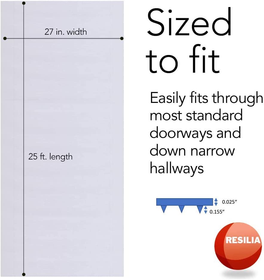 Floor runner is sized to fit and easily fits through most standard doorways and down narrow hallways. 27 inches wide by 25 feet long