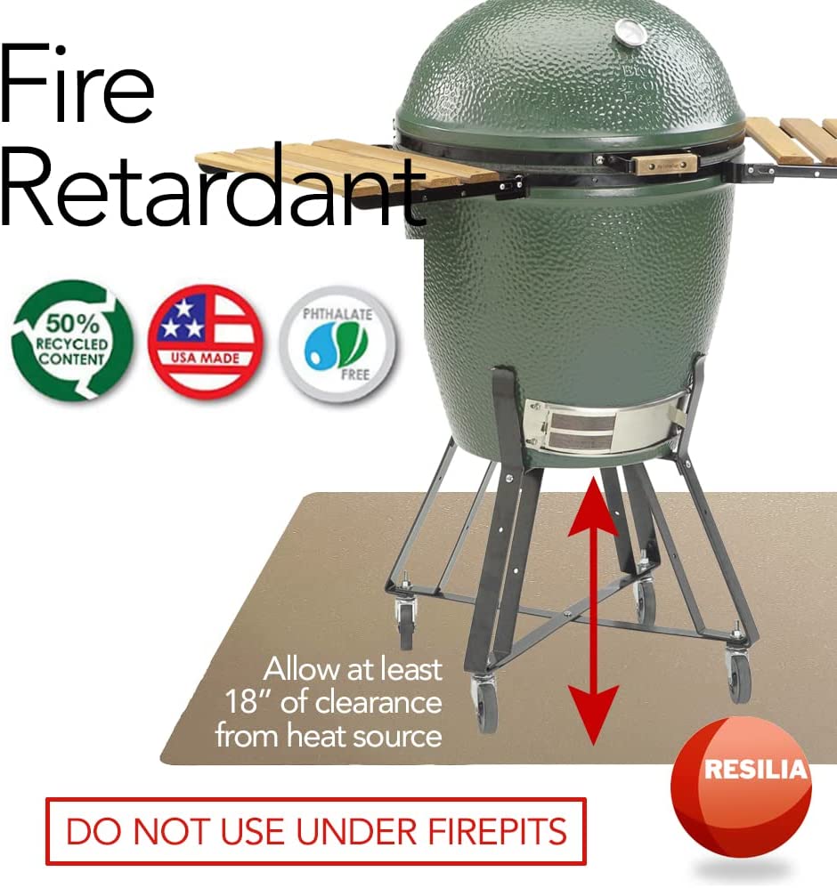 Grill mat is fire retardant. Protects surfaces from heat and spills. Allow at least 18 inches of clearance from heat source. Do not use under fire pits. Vinyl material is Prop 65 compliant, made from 50% recycled material, USA made and Phthalate free