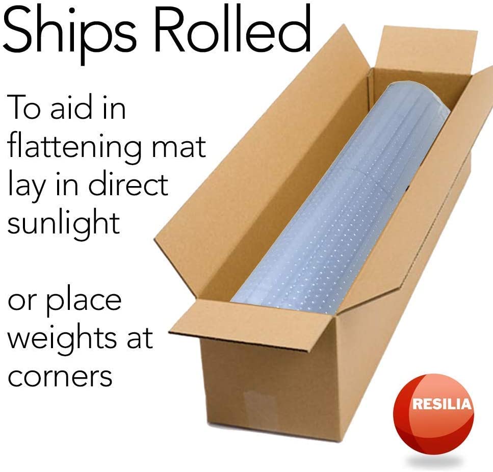 chair mat rolled up in box. Ships rolled to aid in flattening mat lay in direct sunlight or place weights at corners