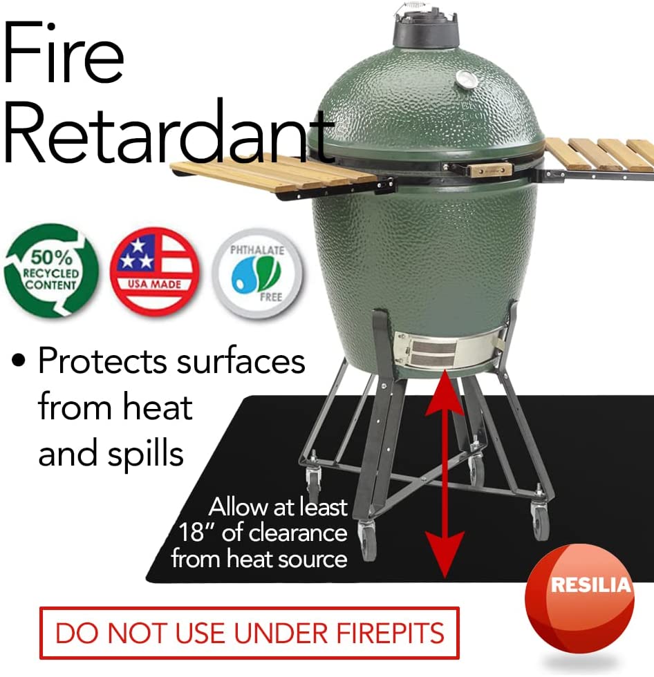 Grill mat is fire retardant. Protects surfaces from heat and spills. Allow at least 18 inches of clearance from heat source. Do not use under fire pits. Vinyl material is Prop 65 compliant, made from 50% recycled material, USA made and Phthalate free