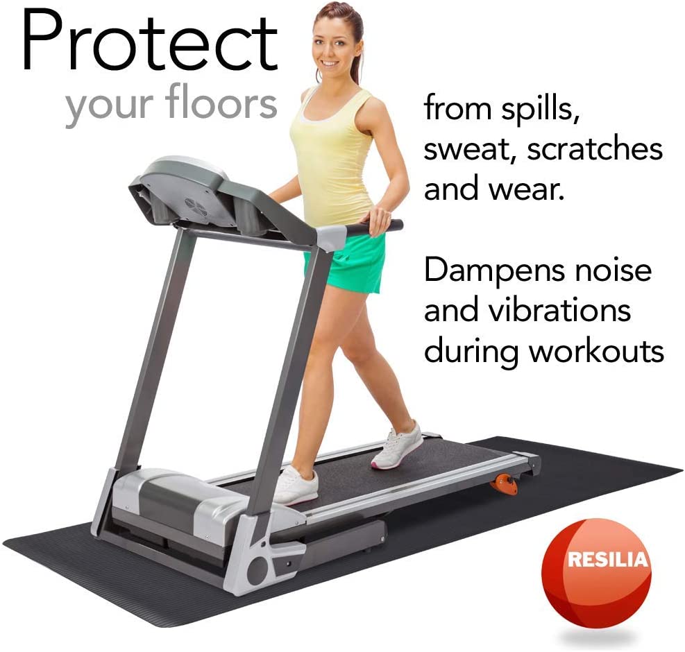 Protect your floors from spills, sweat, scratches and wear. Dampens noise and vibrations during workouts. Woman on treadmill on runner