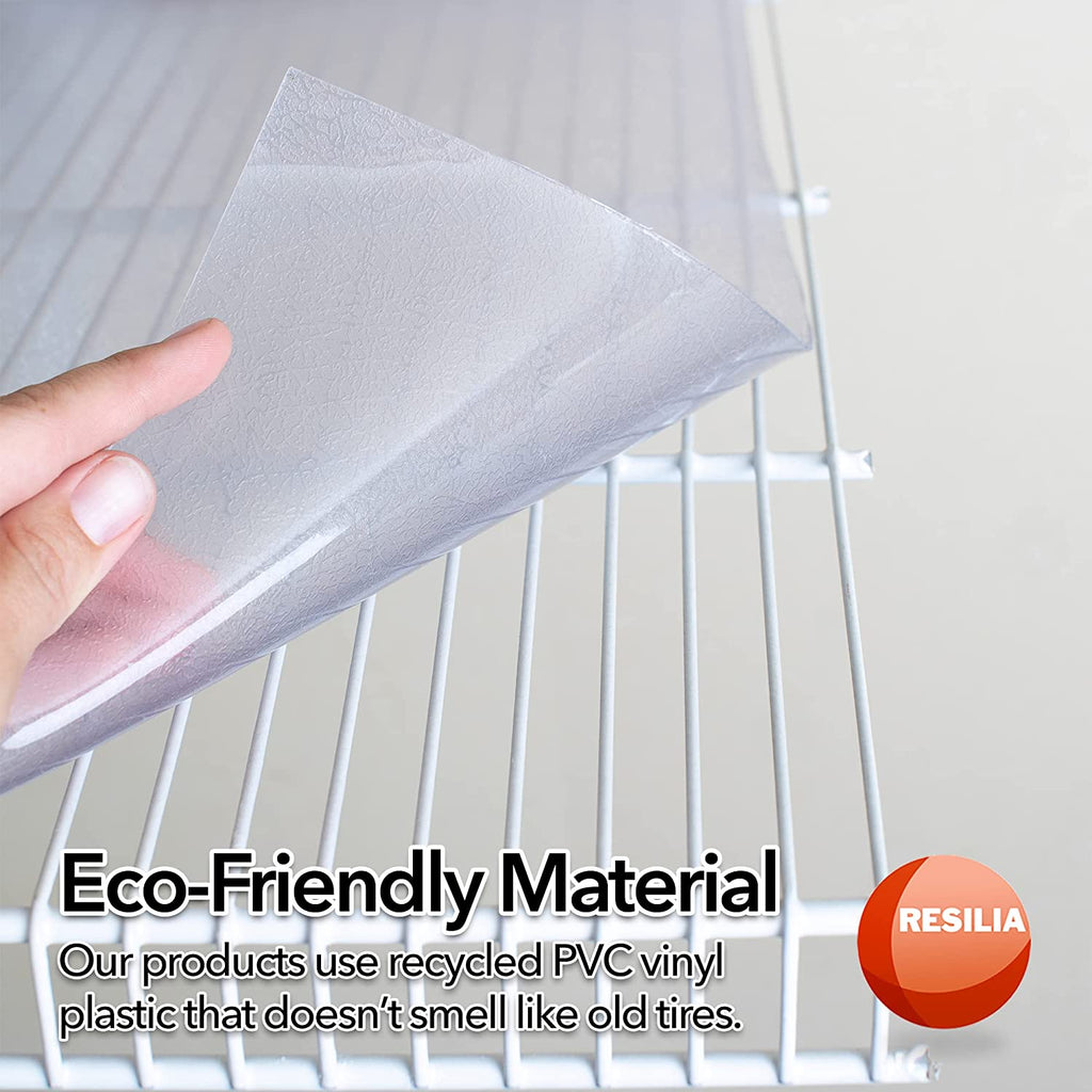 Hand pulling back clear shelf liner made with eco-friendly material. Our products use recycled PVC vinyl plastic that doesn't smell like old tires