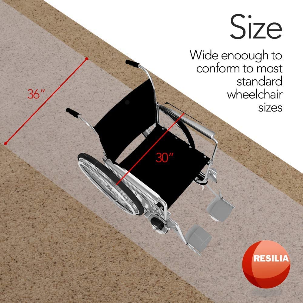 Wheelchair on top of clear floor runner on carpet flooring. Sizes up to 48 inches wide and thick enough for wheelchairs