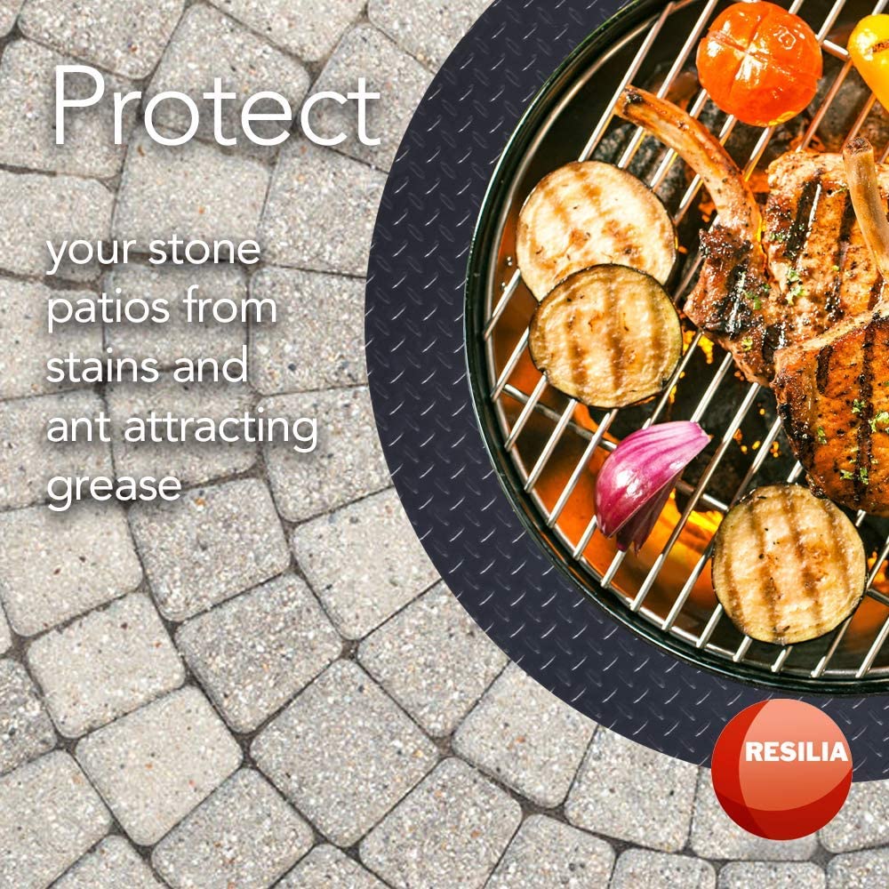 Black diamond plate round grill mat on top of bricks with grill. Protecting stone patios from stains and ant attracting grease