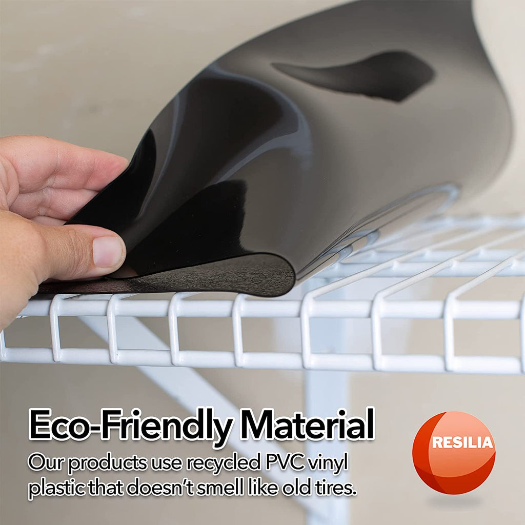 Hand pulling back black shelf liner made with eco-friendly material. Our products use recycled PVC vinyl plastic that doesn't smell like old tires