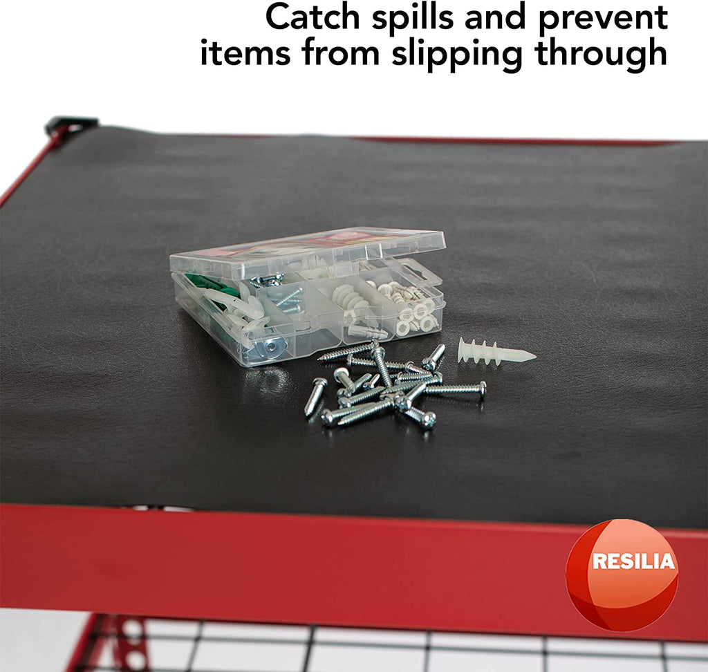 Shelf liner with screws and nails on top to catch spills and prevent items from slipping through