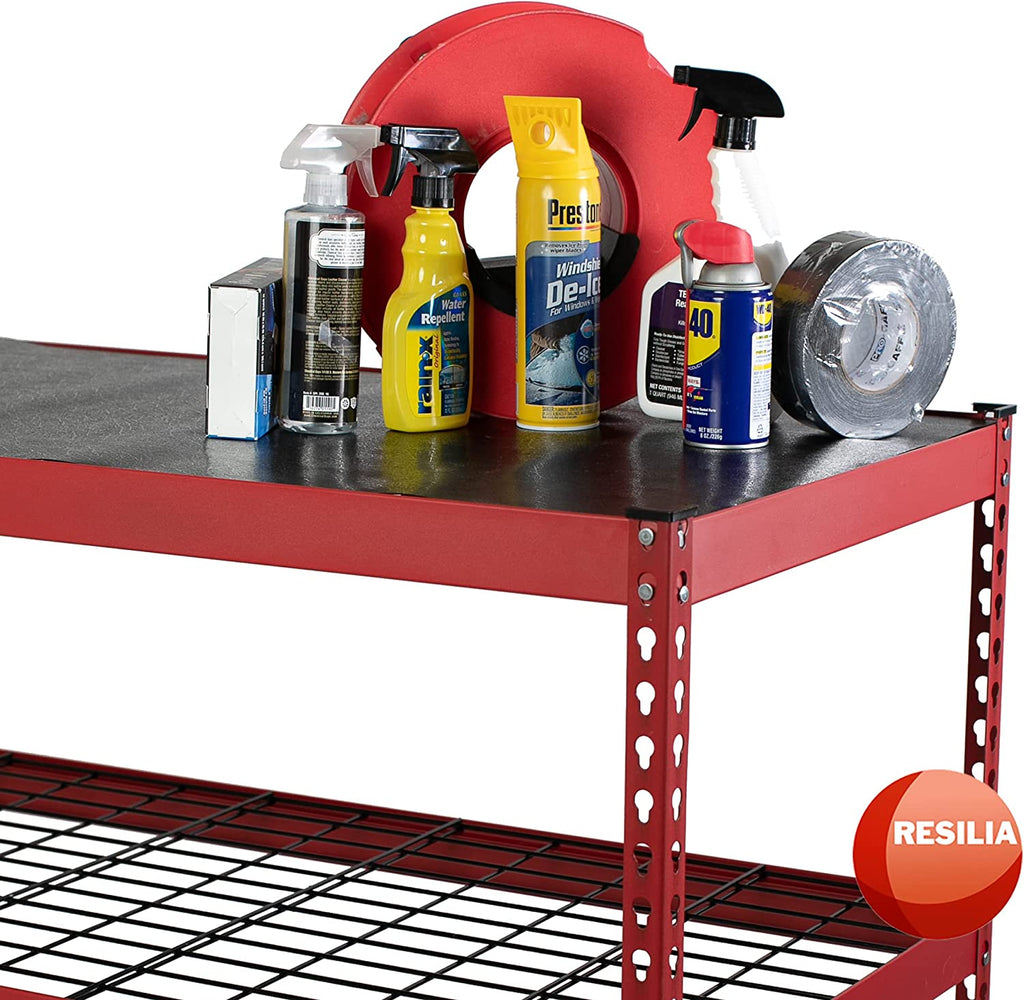 Red shelves with black liner and garage cleaning supplies on top