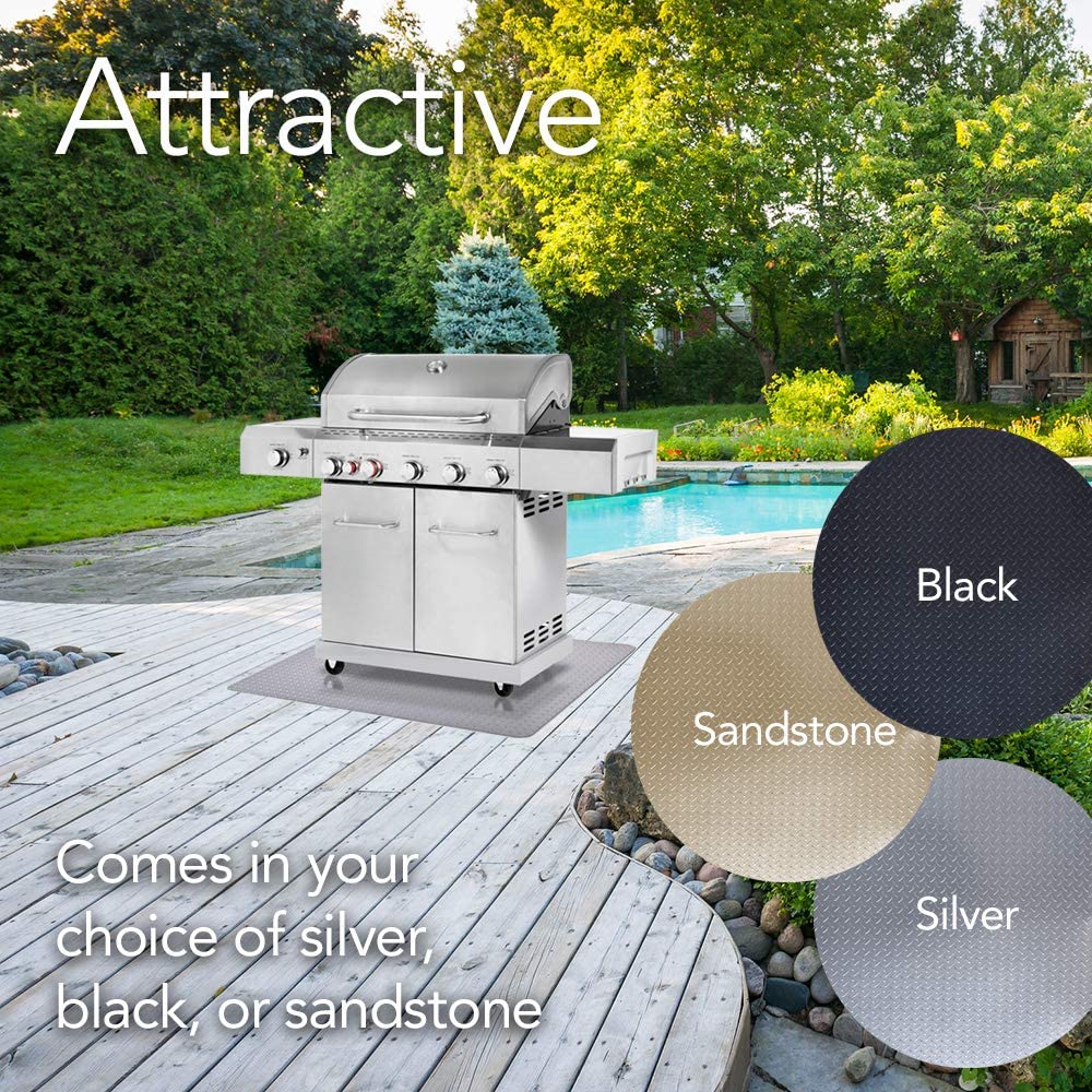 Diamond plate textured grill mat is attractive and comes in three colors of silver, sandstone and black that will look great as part of your landscape backyard