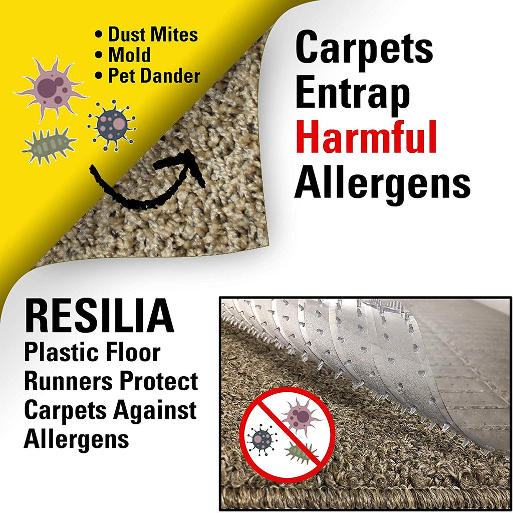 Carpets entrap harmful allergens like dust mites, mold and pet dander. Resilia plastic runners do not