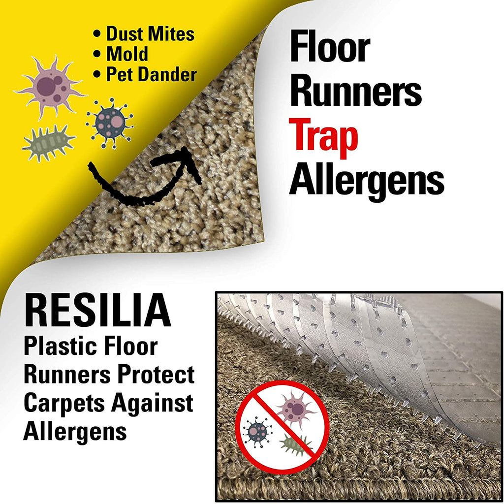Floor runners trap allergens. Resilia plastic floor runners protect carpets against dust mites, mold and pet dander