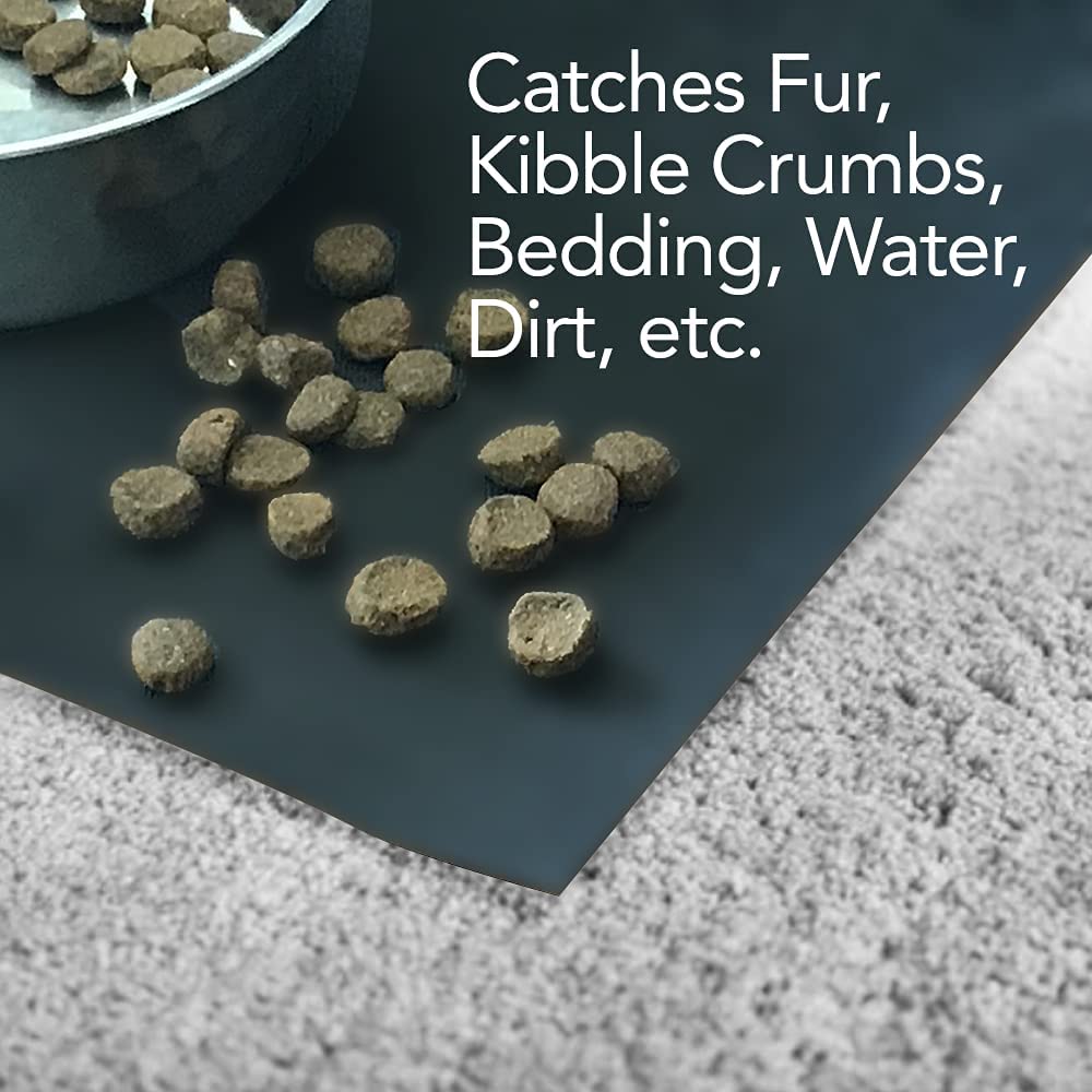 30x48in black carpet under pet cage mat catches fur, kibble crumbs, bedding, water, dirt and much more