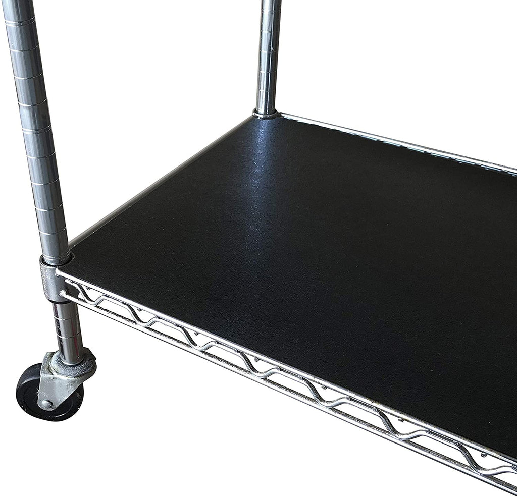  black shelf liner on rolling wire shelf rack