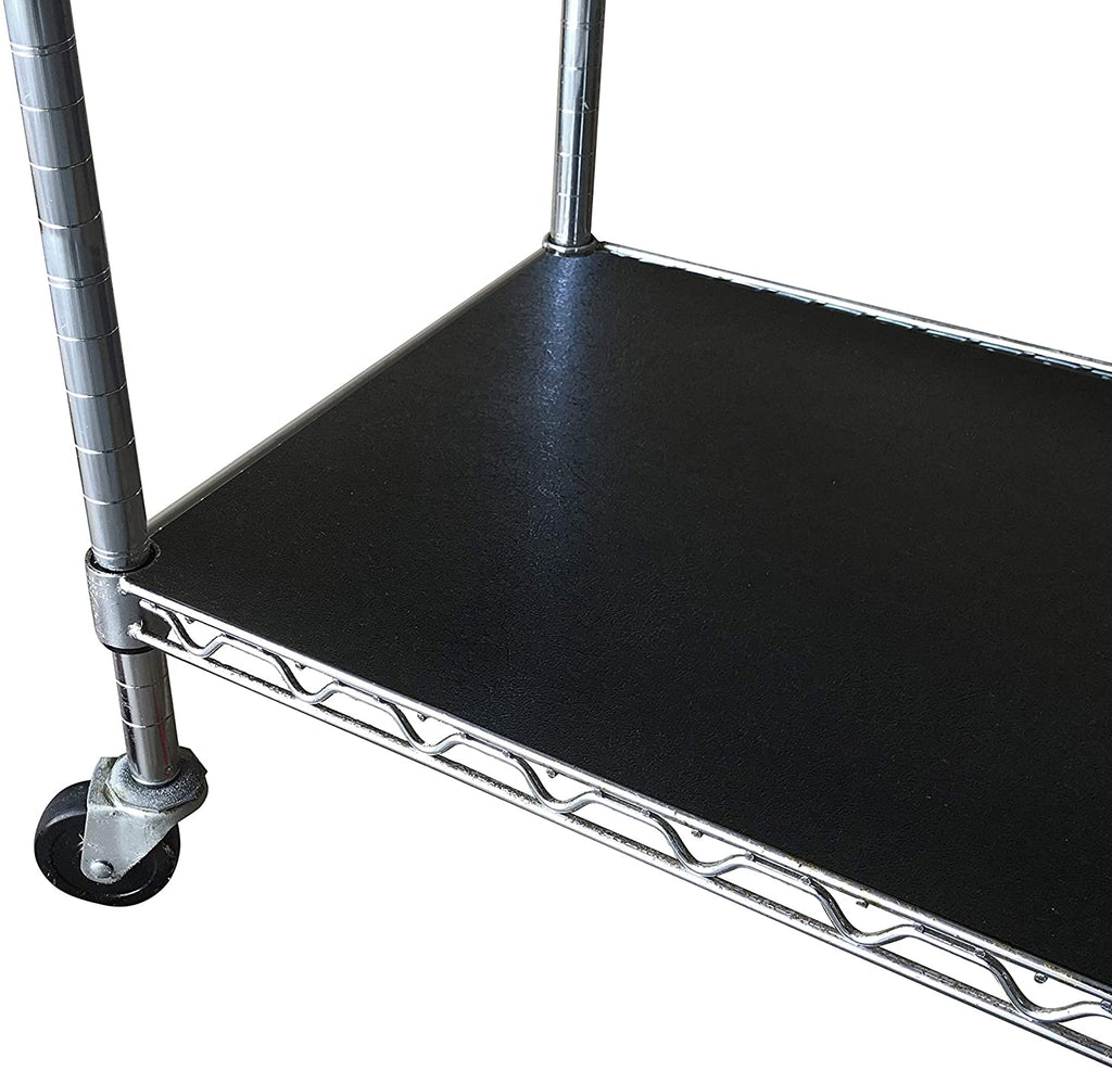 black shelf liner on rolling wire shelf rack