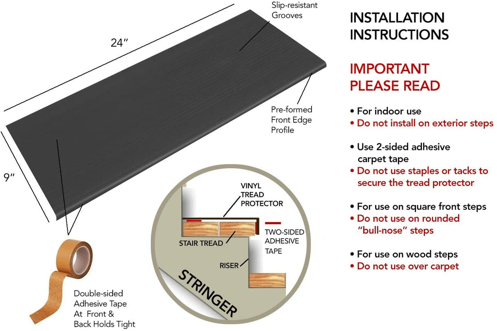 Installation instructions for stair treads. Indoor use only, use 2-sided adhesive carpet tape, for use on square front steps, for use on wood steps