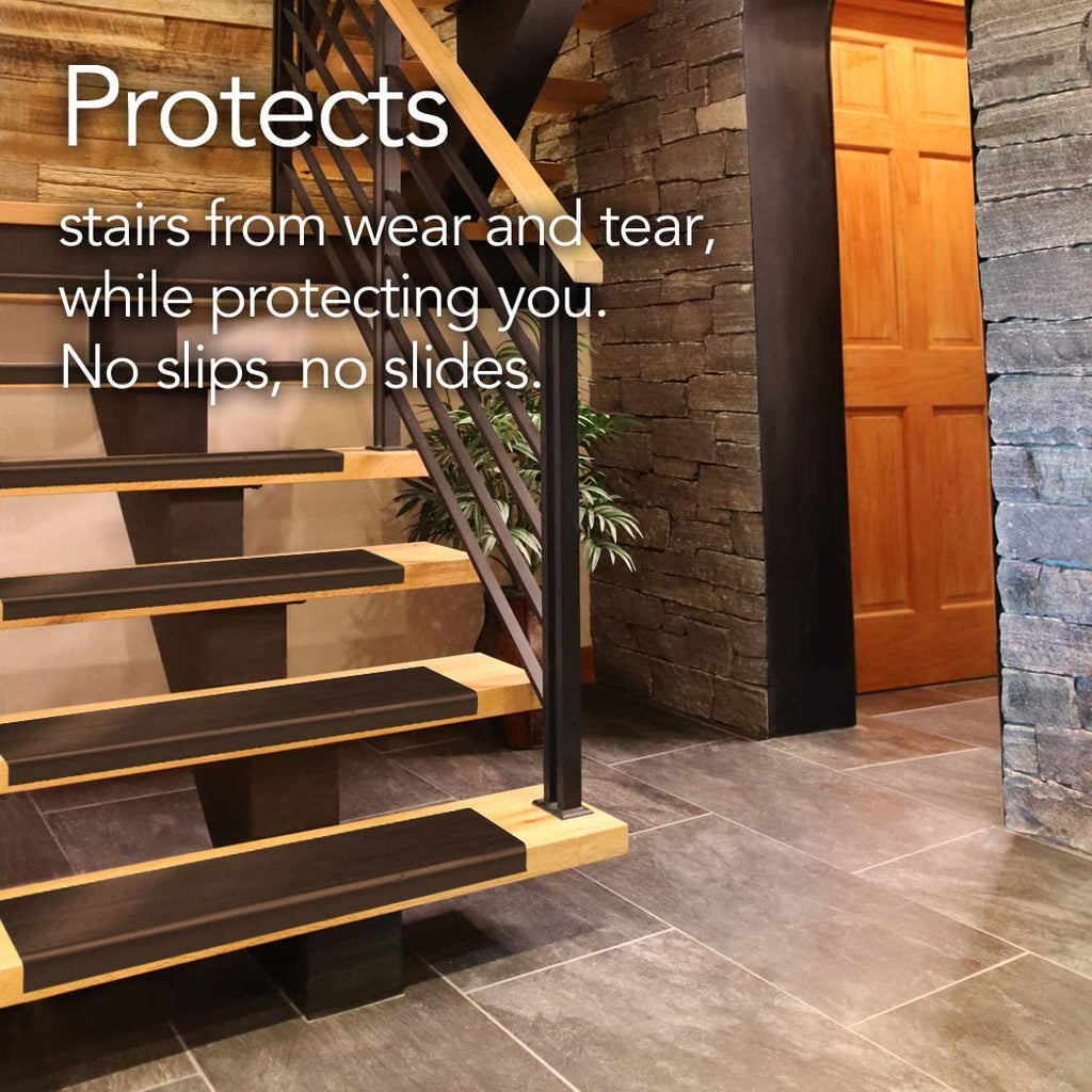Brown stair treads protecting wooden stairs from wear and tear, while protecting you. No slips, no slides