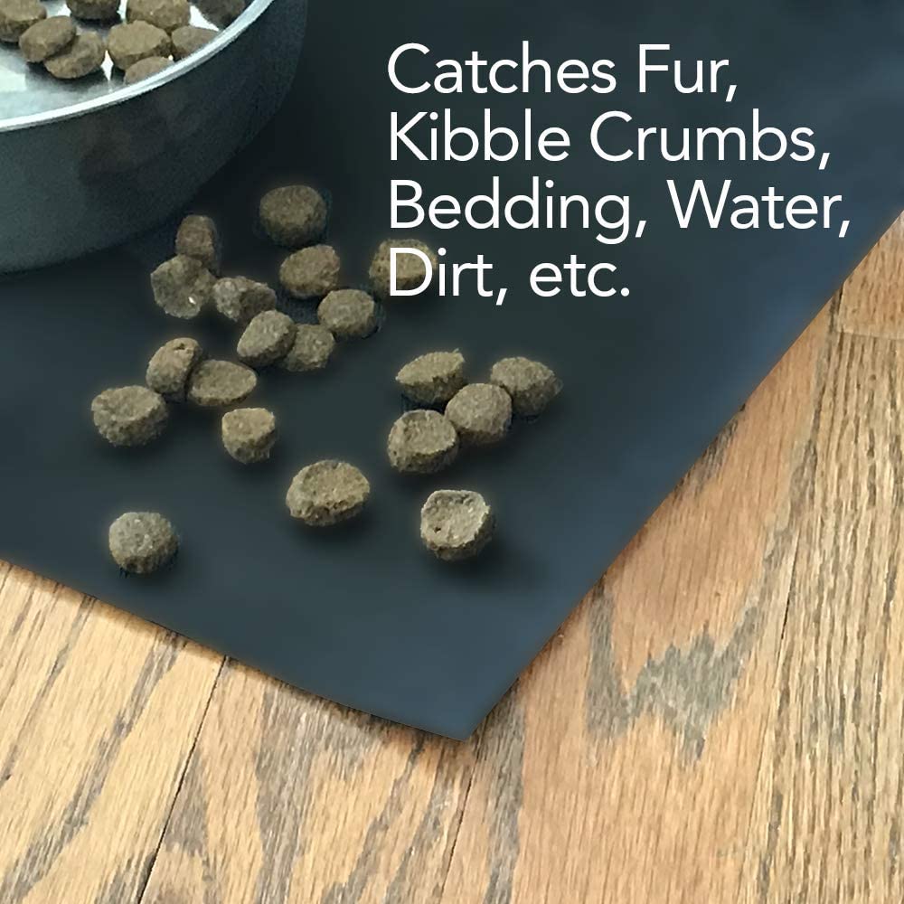 Under pet cage mat catches fur, kibble crumbs, bedding, water, dirt and more