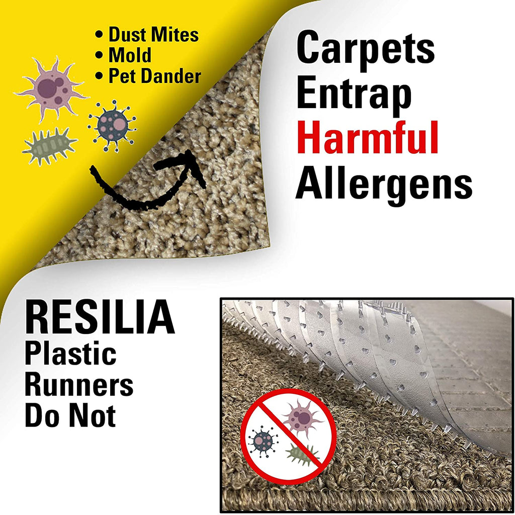 Carpets entrap harmful allergens like dust mites, mold and pet dander. Resilia plastic runners do not