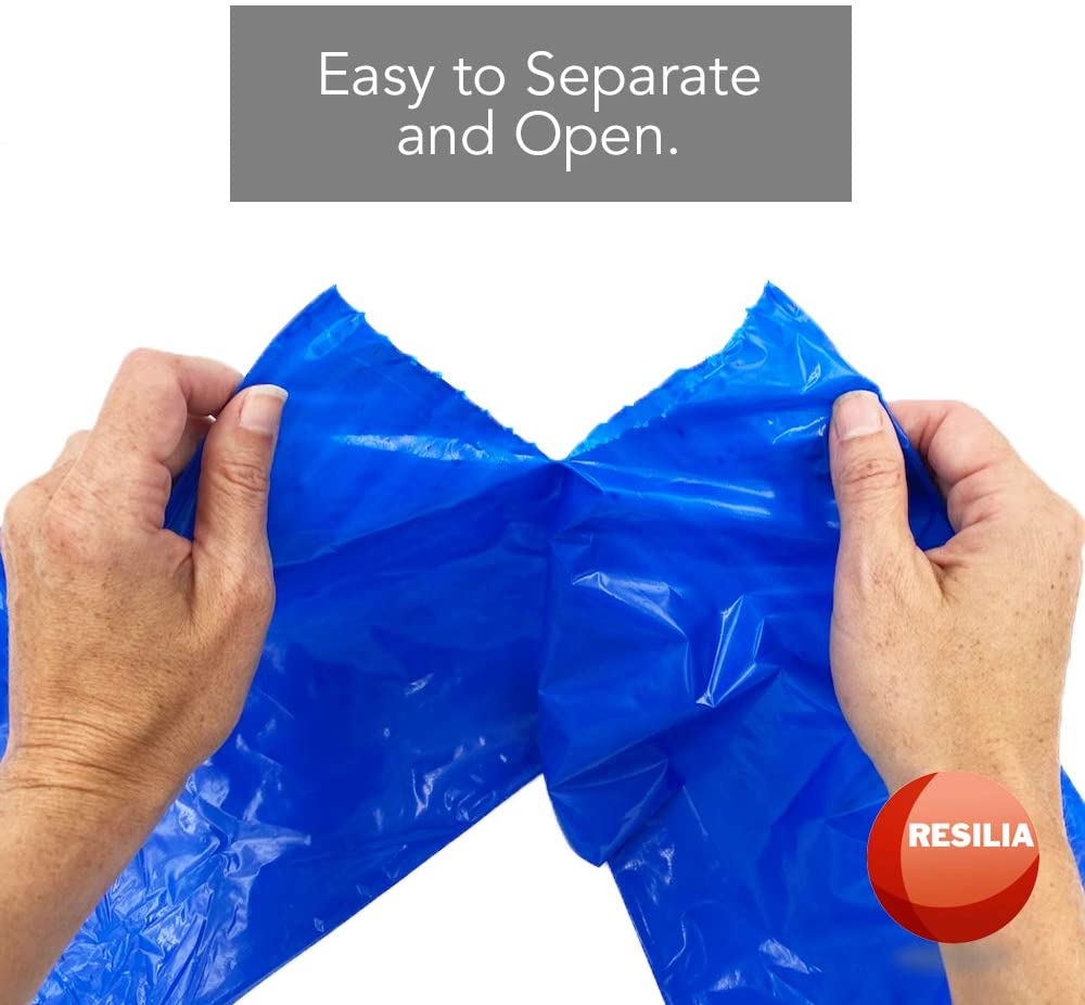 Hands pulling apart blue pet waste bags. Easy to separate and open