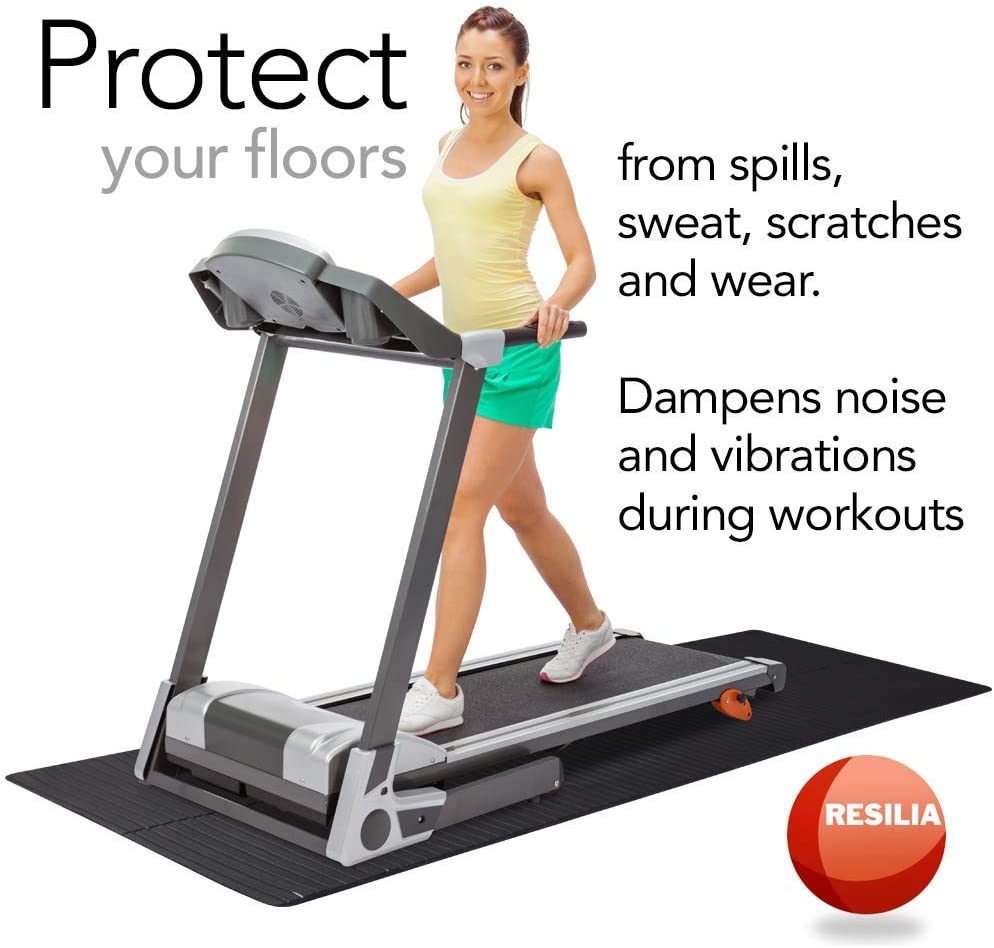 Protect your floors from spills, sweat, scratches and wear. Dampens noise and vibrations during workouts. Woman on treadmill on runner