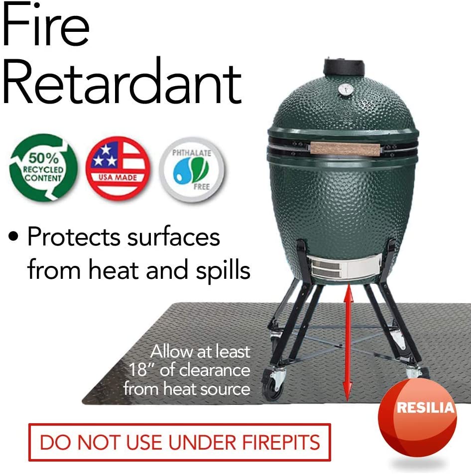 Grill mat is fire retardant. Protects surfaces from heat and spills. Allow at least 18 inches of clearance from heat source. Do not use under fire pits. Vinyl material is Prop 65 compliant, made from 50% recycled material, USA made and Phthalate free