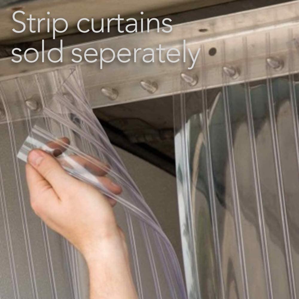 Hand pulling back strip curtain from industrial mounts. Strip curtains are sold separately