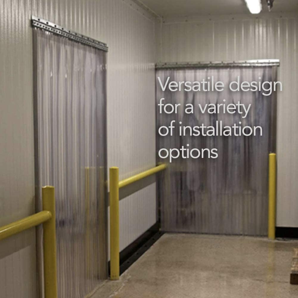 Strip curtains being held up by industrial mounting hardware for versatile design for a variety of installation options