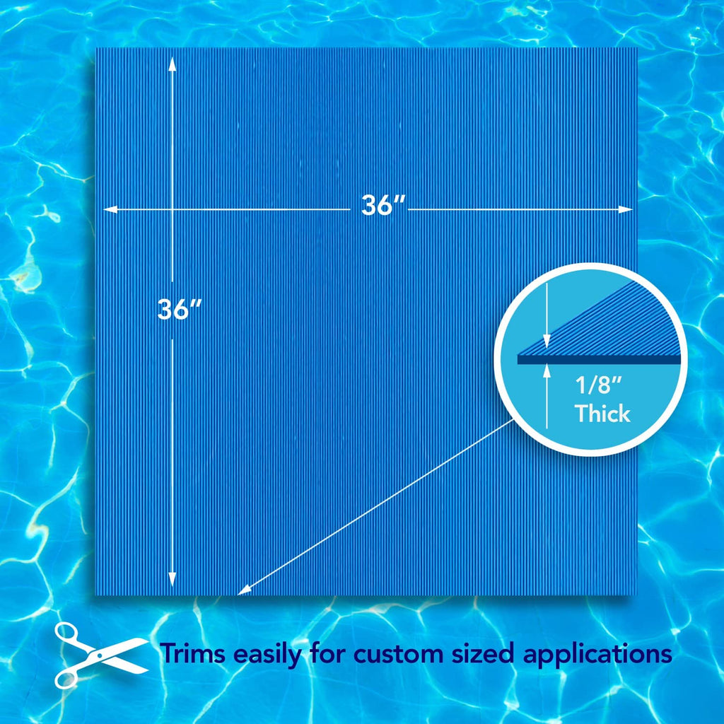 Pool mat trims easily for custom sized applications. Pool mat is 36 inches wide by 36 inches long and 1/8 inch thick