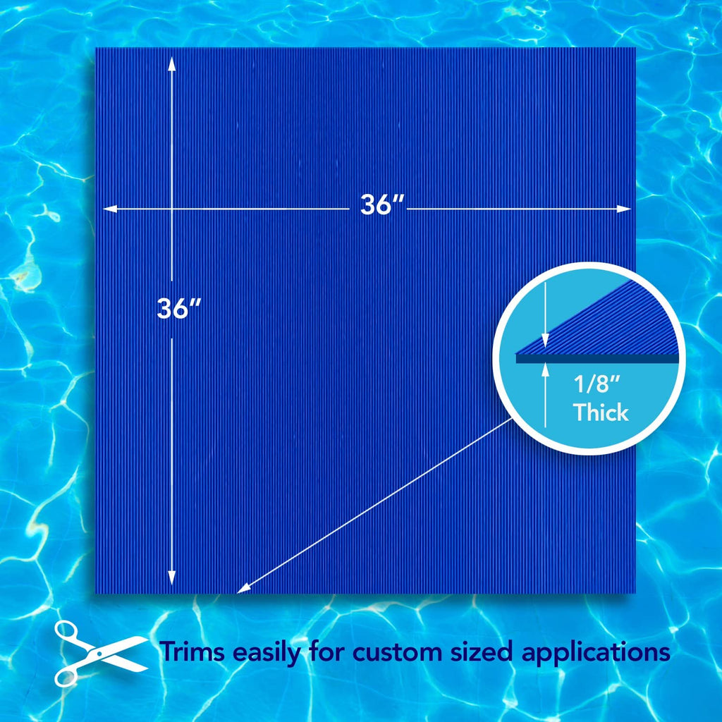 Pool mat trims easily for custom sized applications. Pool mat is 36 inches wide by 36 inches long and 1/8 inch thick