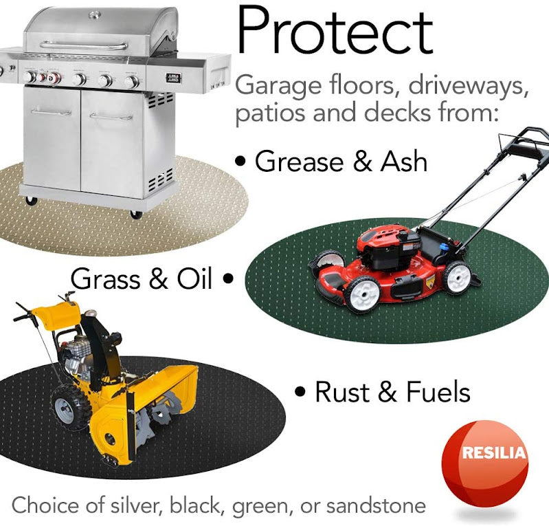 Protect garage floors, driveways, patios and decks from grease, ash, grass, oil, rust and fuels in a choice of black, silver green or sandstone