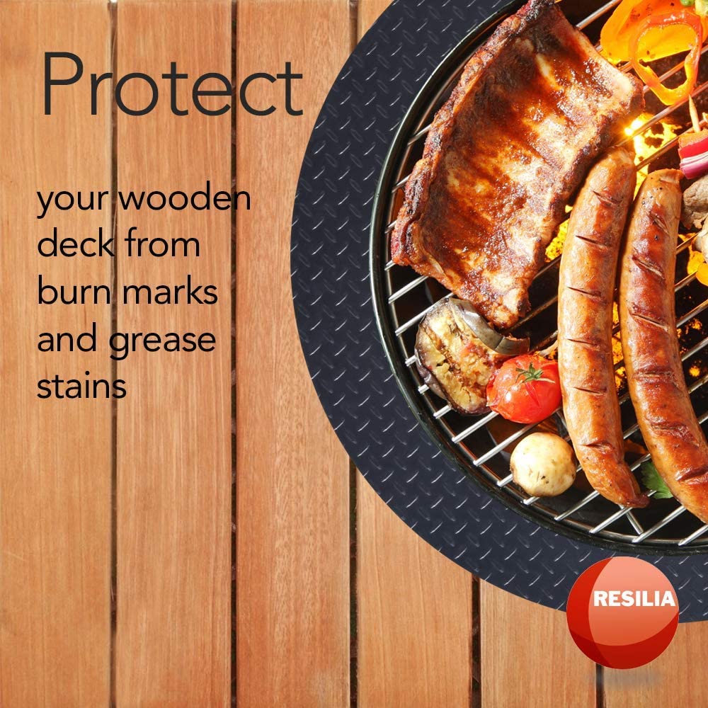 Black diamond plate round grill mat on wooden deck with grill on top protecting the deck from burn marks and grease stains